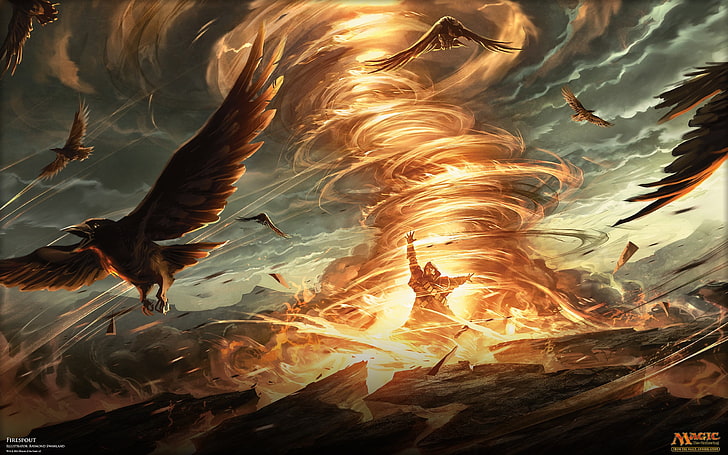 fire toranado illustration, Magic: The Gathering, birds, tornado