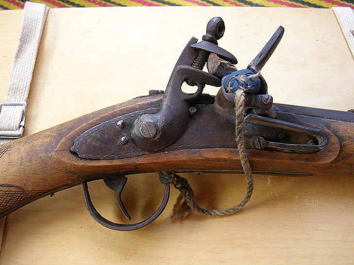 flintlock rifle, metal, wood - material, no people, close-up