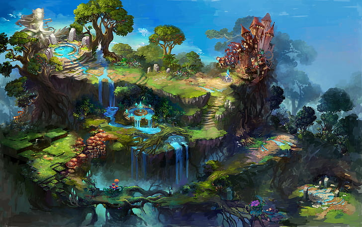 fantasy art, fountain, waterfall