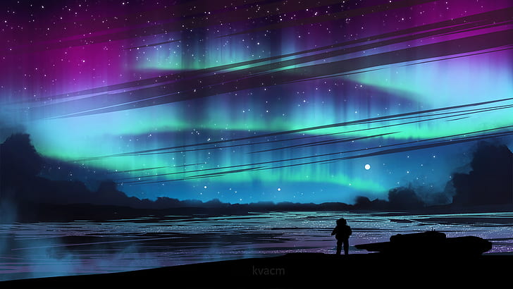 artwork, astronaut, landscape, aurorae, night, space, digital art, HD wallpaper