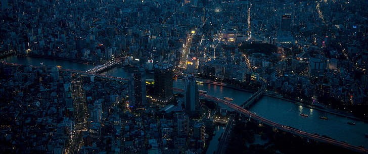 city buildings, Japan, Tokyo, traffic, river, street light, aerial view