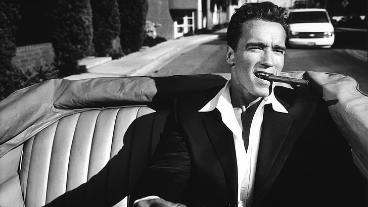 black and white leather sofa set, men, photography, Arnold Schwarzenegger