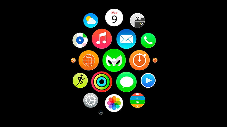 Apple Watch icons, Apple Inc., multi colored, black background