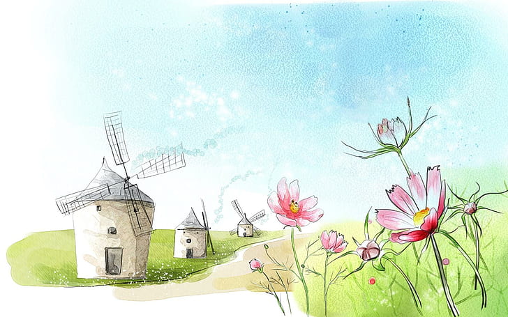 Mills, beige and grey windmill near pink flowers painting, landscape