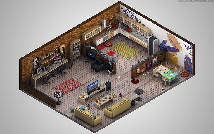 gray and multicolored house interior miniature, isometric, render, HD wallpaper