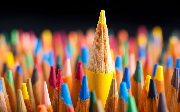 assorted-color pen lot, Macro, Red, Blue, Pencils, Colored, Yellow, HD wallpaper