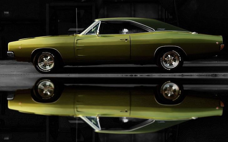 vintage green coupe, car, green cars, Dodge Charger, muscle cars