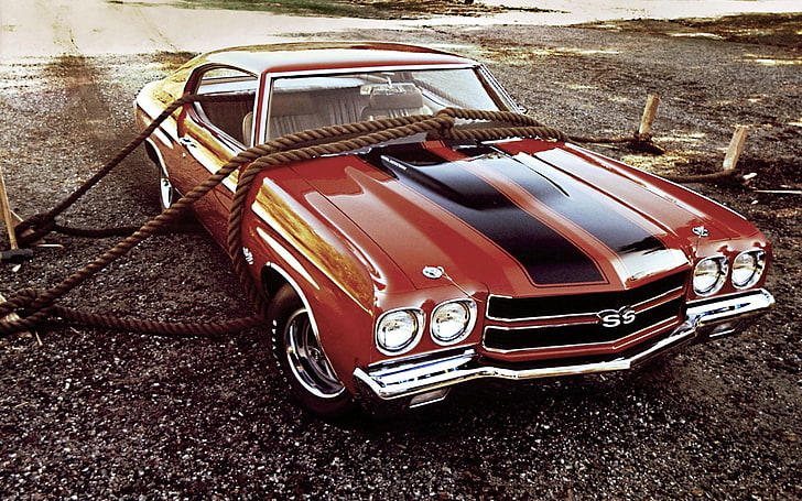 red Chevrolet Chevelle SS coupe, ropes, 1970, the front, 454, HD wallpaper