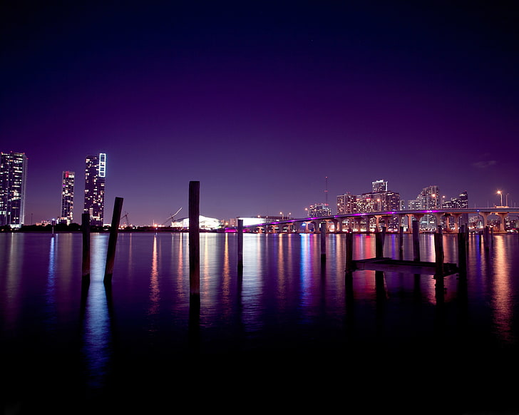 silhouette photo of sea dock, night, cityscape, Miami, building exterior, HD wallpaper