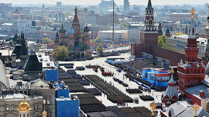 aerial photo of city, military, Russia, parade, Victory Day, Moscow