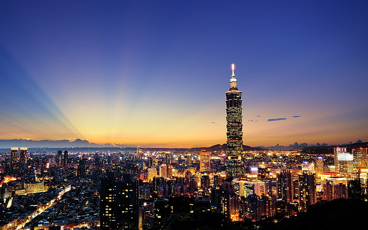 yellow building lights, anime, cityscape, Taipei 101, Taiwan, HD wallpaper