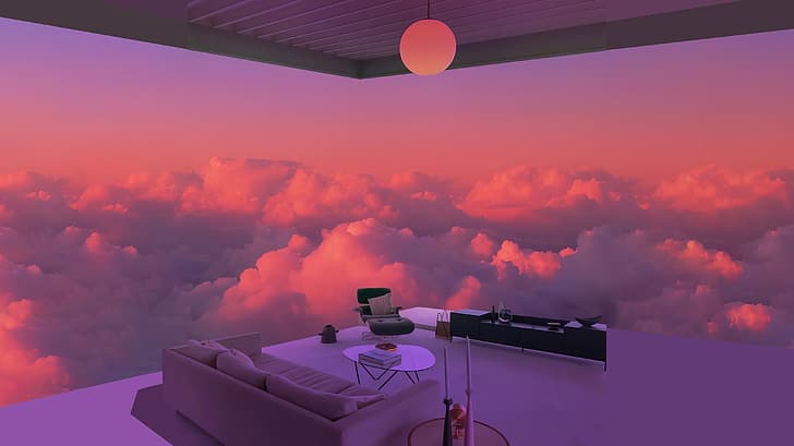 vaporwave, aestethic, Indig0, sunset, digital art, clouds, room