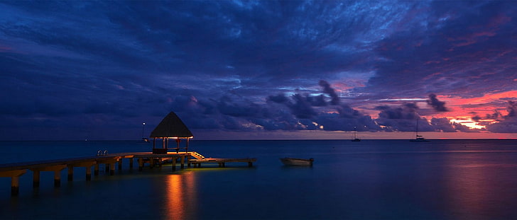 nature, tropical, dock, beach, island, sunset, sea, clouds, HD wallpaper