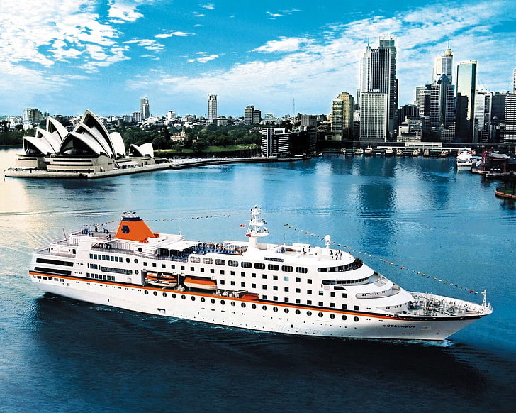 white cross ship on Sydney Australia, town, lights, sailing ship