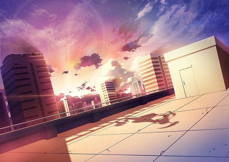 anime, sunlight, building, rooftops, skyscraper, soft shading, HD wallpaper