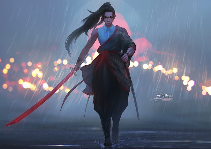 girl, sword, fantasy, rain, weapon, blue eyes, ponytail, katana, HD wallpaper