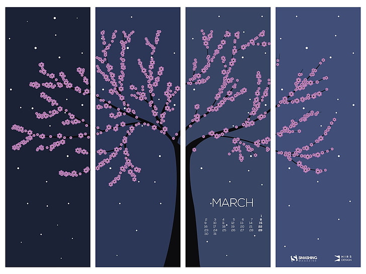 Spring Awakening Tree-March 2015 Calendar Wallpape.., 4-panel painting pink-leaved treee, HD wallpaper