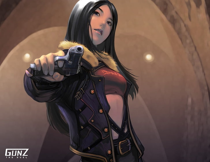 female anime character in black jacket holding pistol, machine gun