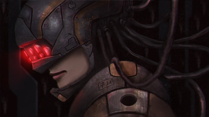 woman wearing gray helmet anime illustration, digital art, fantasy art