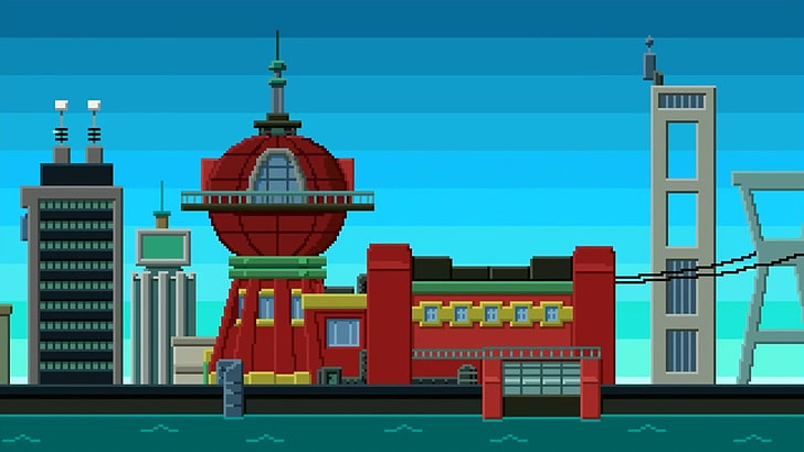 red building pixelated illustration, Futurama, planet express
