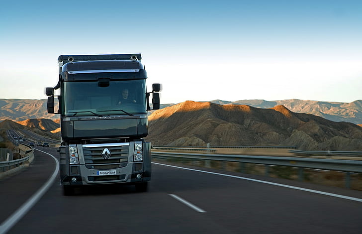 movement, black, track, truck, Renault, front view, Magnum, HD wallpaper
