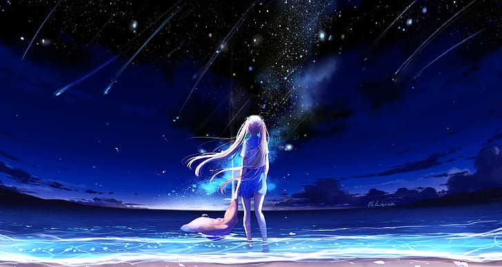 Hd Wallpaper Anime Girl Beach Night Sea Blue 4k Wallpaper