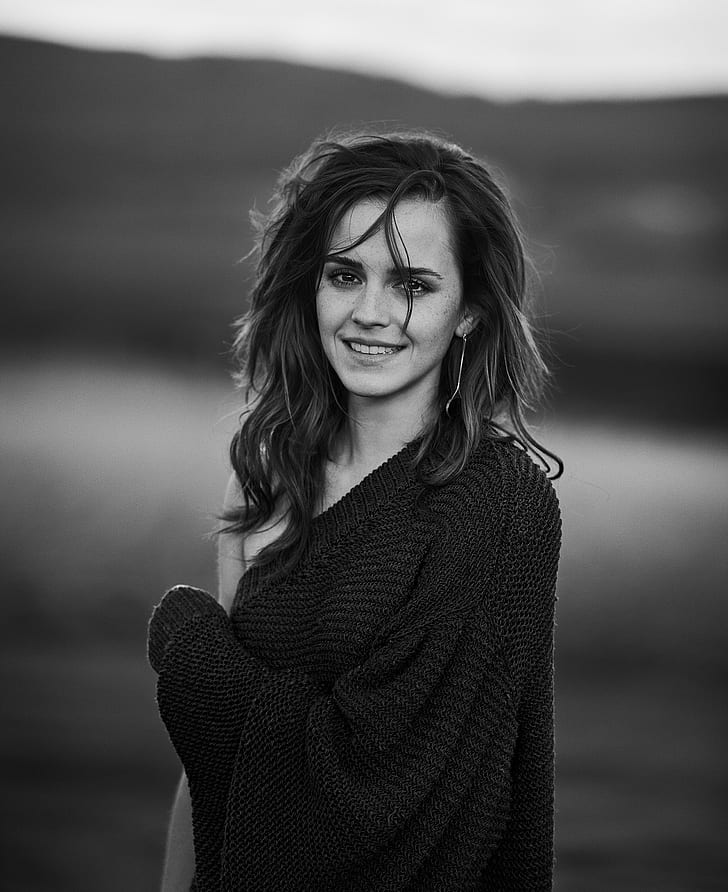 Emma Watson, monochrome, smiling, women, celebrity, actress, HD wallpaper
