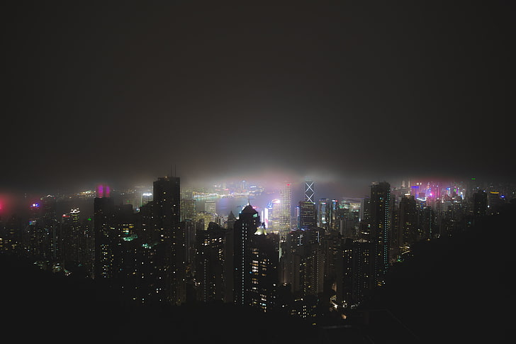 assorted high-rise buildings, Hong Kong, rear view, neon, mist