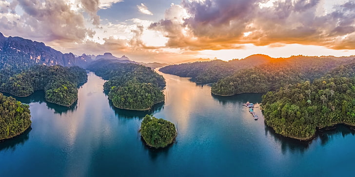 islands, lake, sunset, Thailand, clouds, forest, mountains, water, HD wallpaper