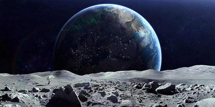 planet earth, digital art, Moon, render, space art, CGI, night