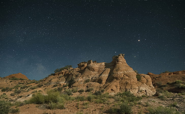 brown rock formation during nighttime, Sooner, Rocks, star, photography, HD wallpaper