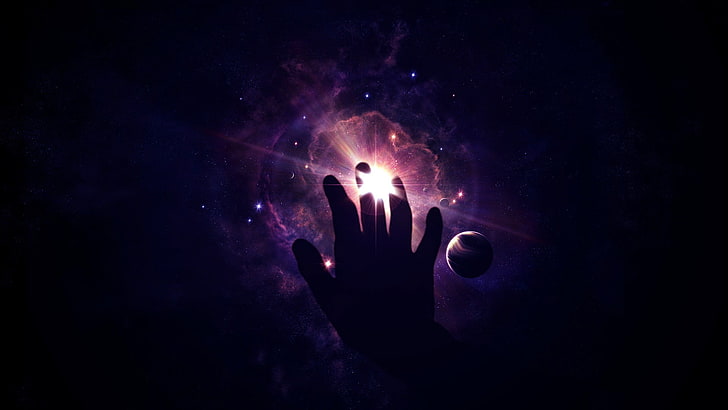 silhouette of hand, space, hands, artwork, universe, space art, HD wallpaper