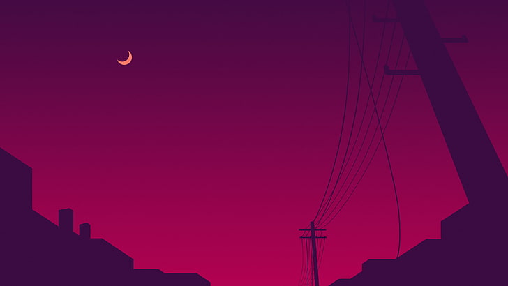 white moon, night, minimalism, sky, power lines, sunset, silhouette