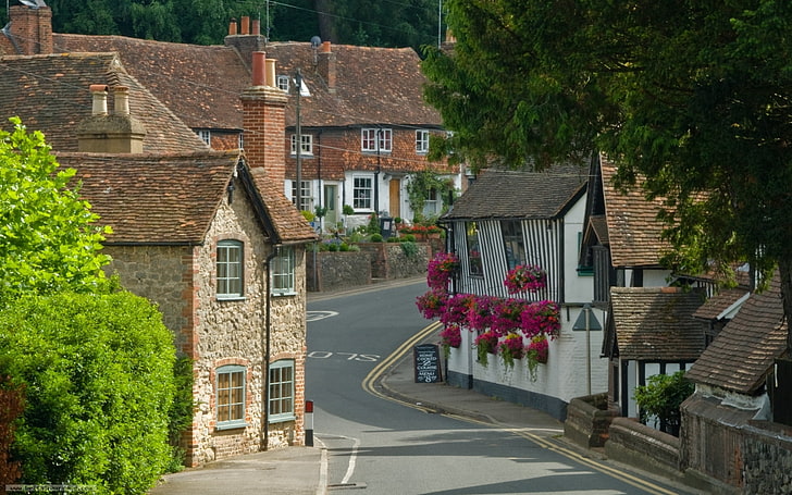 gray paved road, England, Kent, village, UK, houses, County, architecture