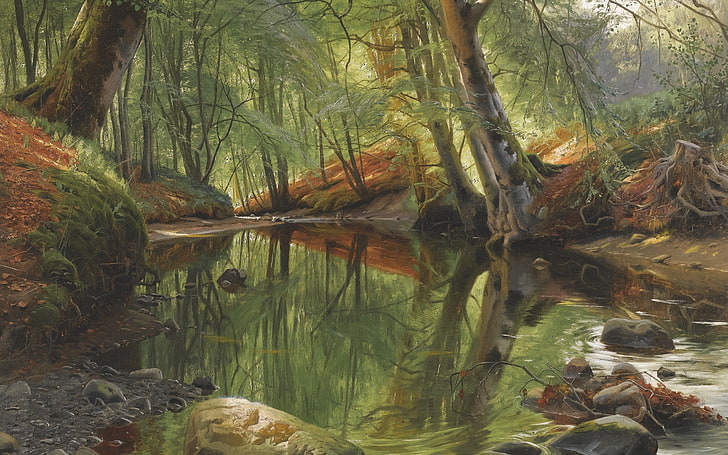 Danish painter, 1895, Forest stream, Peter Merk Of Menstad, HD wallpaper