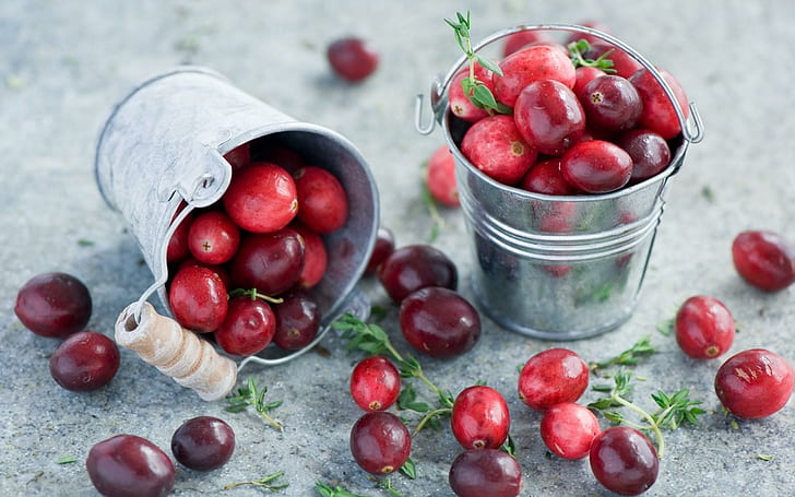 Cranberries Berries Red Buckets, two buckets of oval red fruits, HD wallpaper