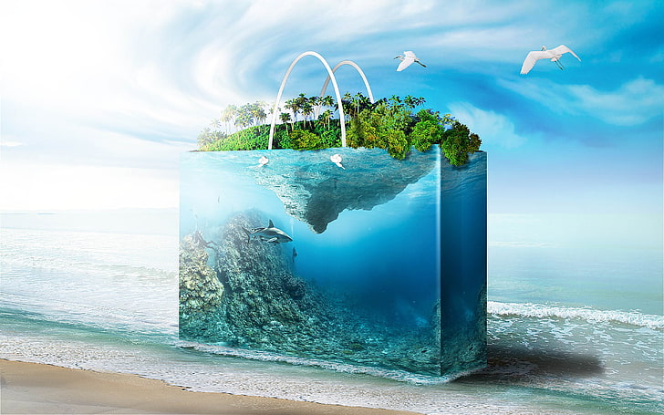 blue and green economy bag illustration, aquarium, water, sea, HD wallpaper