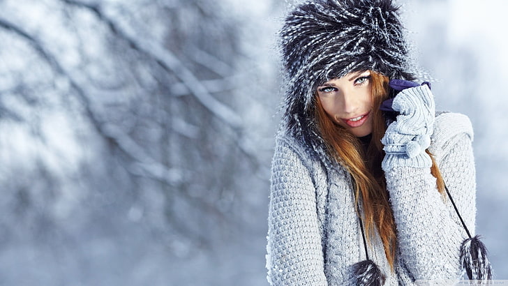 women's white jacket, snow, shy, winter, portrait, beauty, smiling