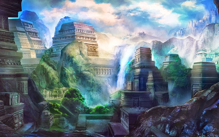 buildings near mountain illustration, fantasy art, fantasy city, HD wallpaper