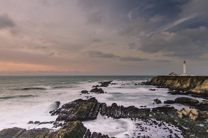 the ocean, rocks, lighthouse, California, USА, Coast Pacific, HD wallpaper