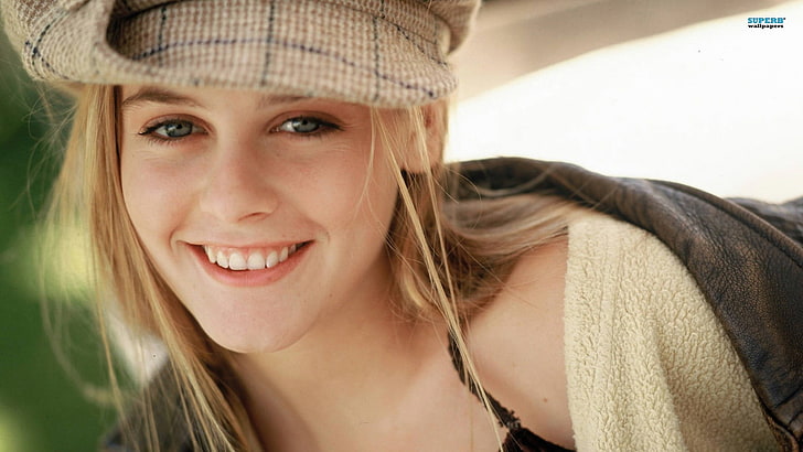 women's black tank top, Alicia Silverstone, blonde, blue eyes, HD wallpaper