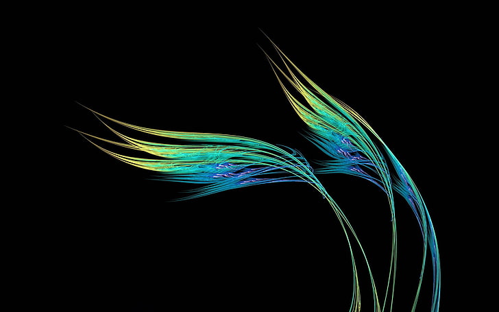 blue and green peacock feather, wind, grass, line, abstraction, HD wallpaper