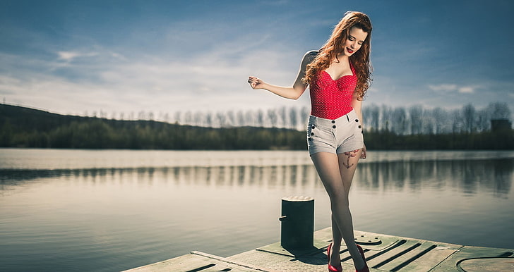 woman on dock, women outdoors, model, one person, lake, young adult, HD wallpaper