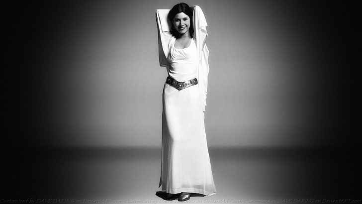 Carrie Fisher, Star Wars, women, monochrome, arms up, Princess Leia