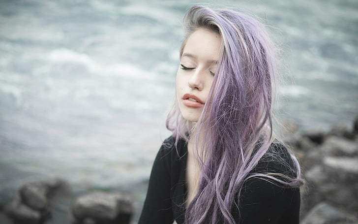 closed eyes, women, purple hair, dyed hair