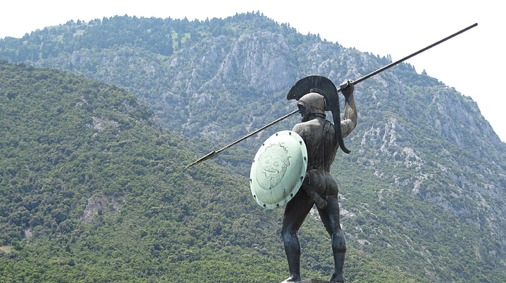 soldier holding spear and shielf statue, warrior, Spartans, Thermopylae