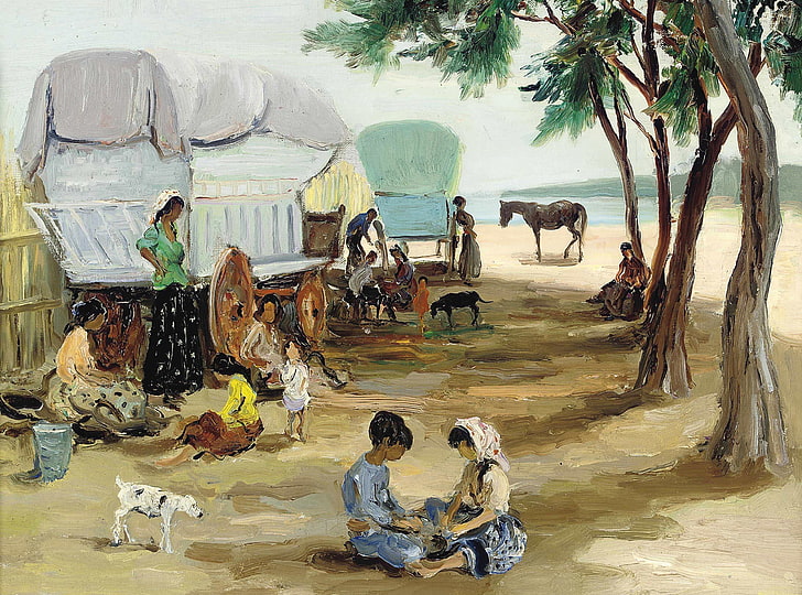 group of people outdoors painting, children, picture, wagon, genre