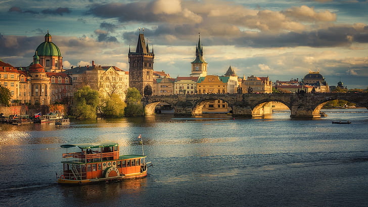 Prague, river, cityscape, vehicle, bridge, Czech Republic, Charles Bridge
