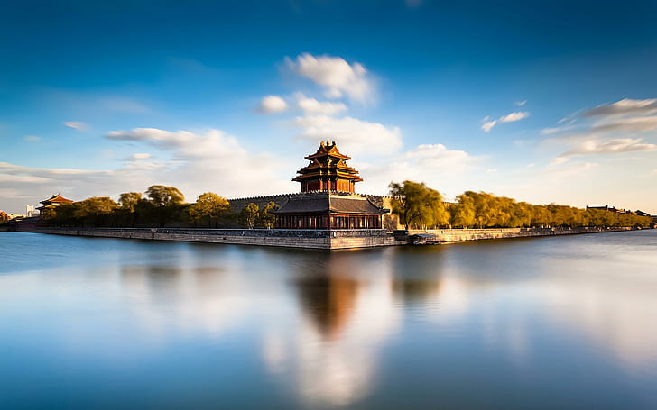 Forbidden City Beijing, trees, house and cumulus clouds, HD wallpaper