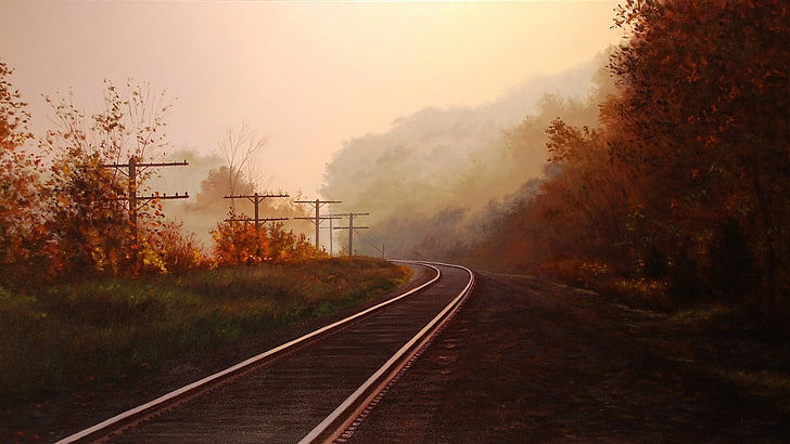 train rail, railway, painting, fall, traditional art, drawing